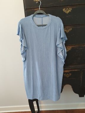 Light Blue Striped Ruffle Sleeve Dress